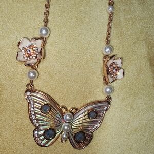 Betsey Johnson Elegant Butterfly and Floral Necklace with Pearls